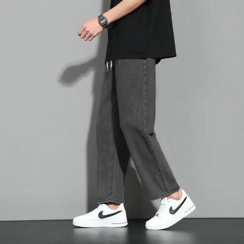 Fashion Korean Sports Casual Loose Straight Jeans Men Solid Elastic Waist Drawstring Pockets Versatile Trendy Wide Leg Pants