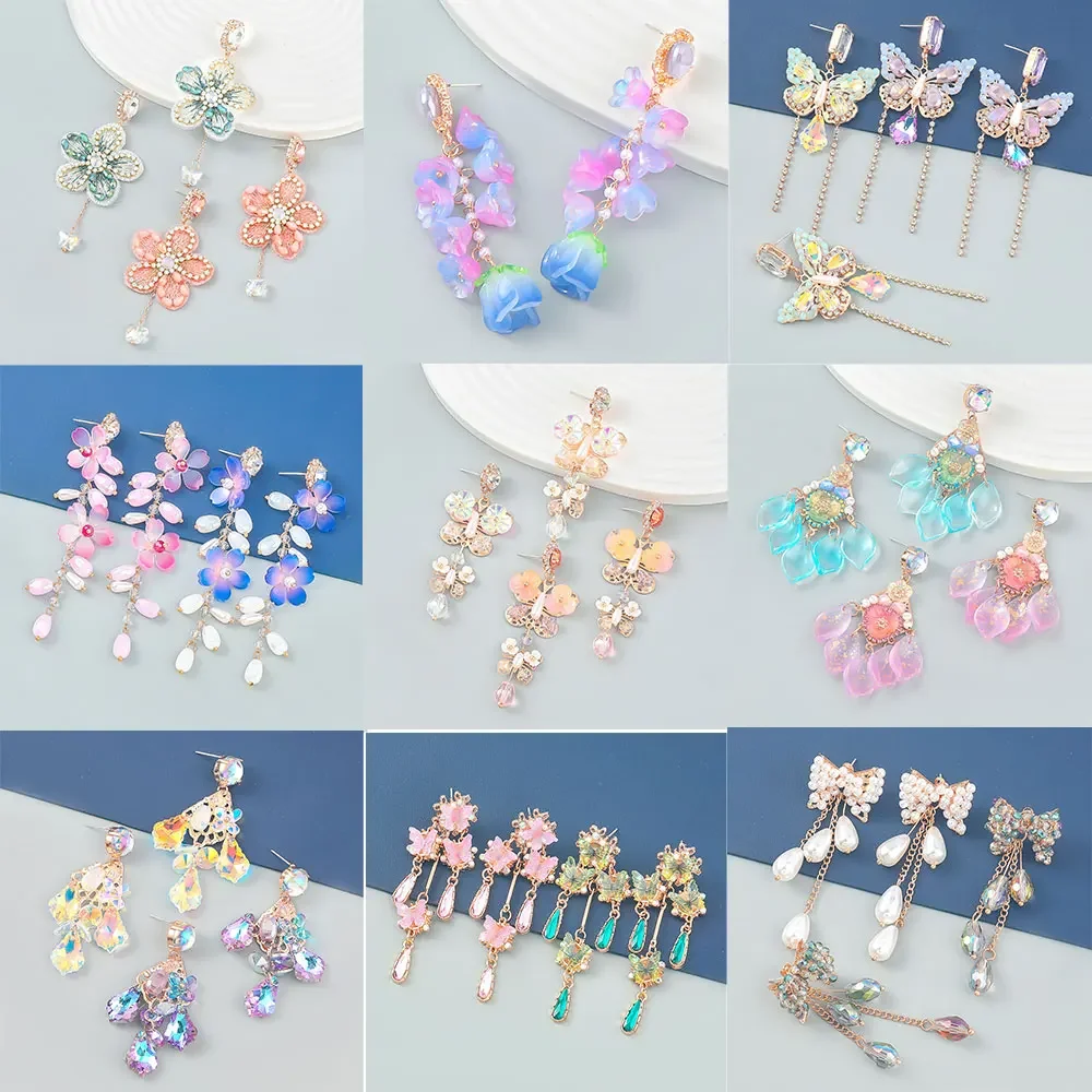 New Trend Korean Resin Flower Butterfly Drop Earrings Women\'s Cute Charm Dangle Earrings Banquet Party Jewelry Accessories