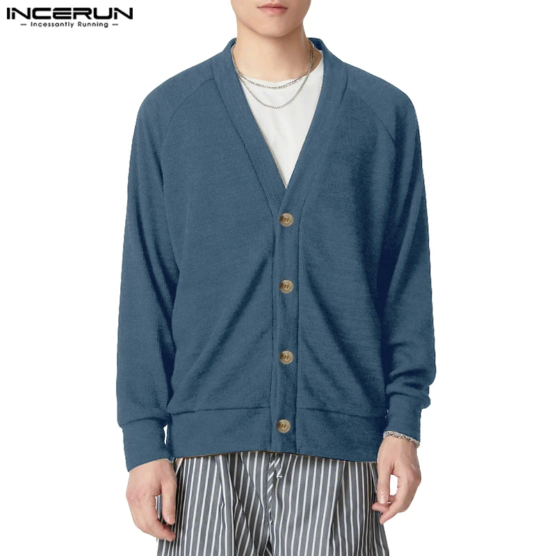

INCERUN Men Cardigan Solid Color Knitted Sweaters Autumn 2025 V Neck Long Sleeve Men Clothing Streetwear Casual Male Sweatercoat