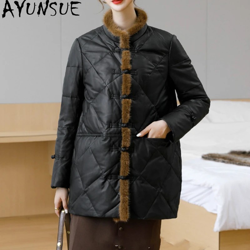 AYUNSUE 100% Real Sheepskin Leather Jacket Women White Duck Down Coat Light Thin Leather Jackets Mink Fur Collar Jaqueta Puffer