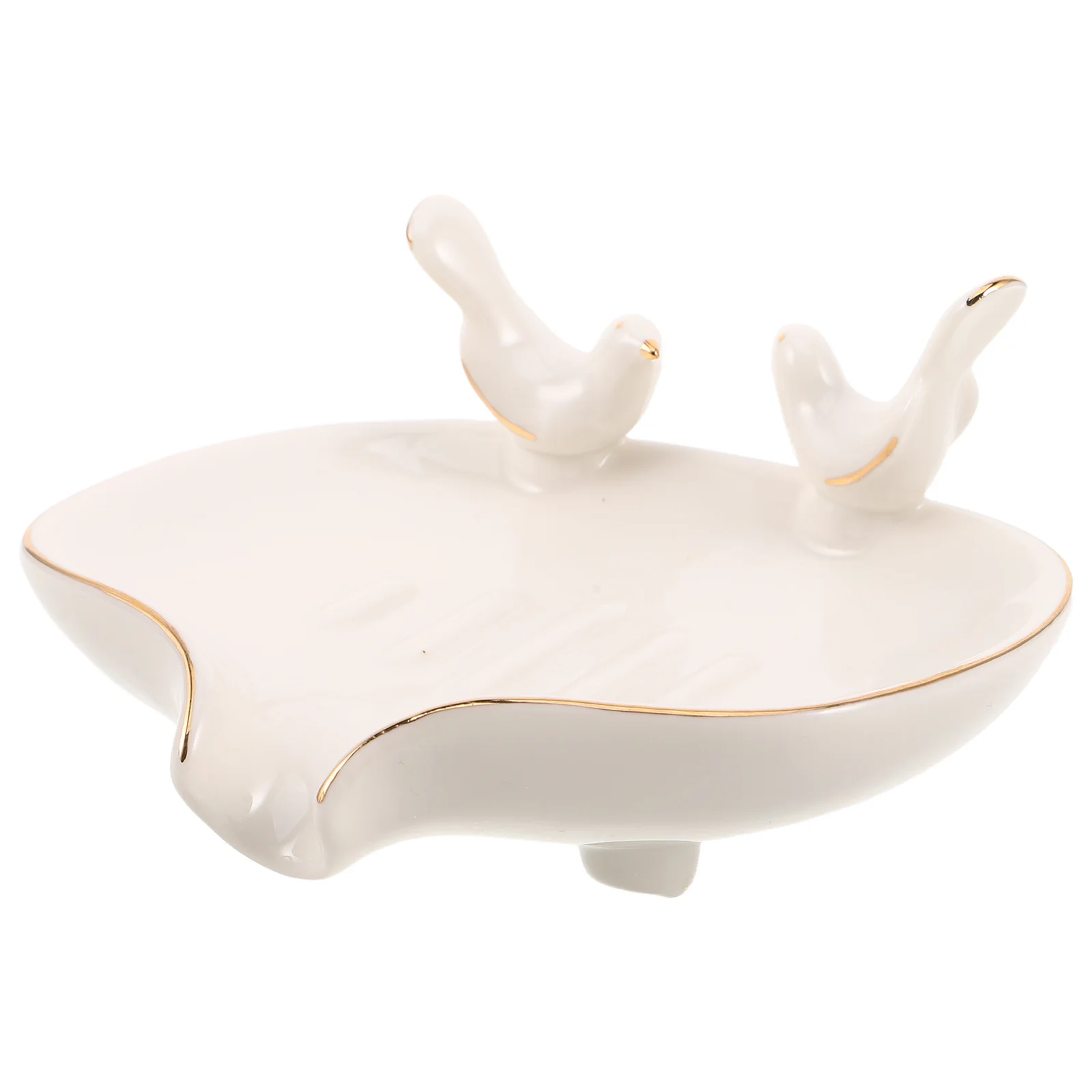 

White Ceramic Soap Dish with Golden Trim Bird Design Drainage Soap Holder for Bathroom Kitchen Sink Decorative Tray for Jewelry