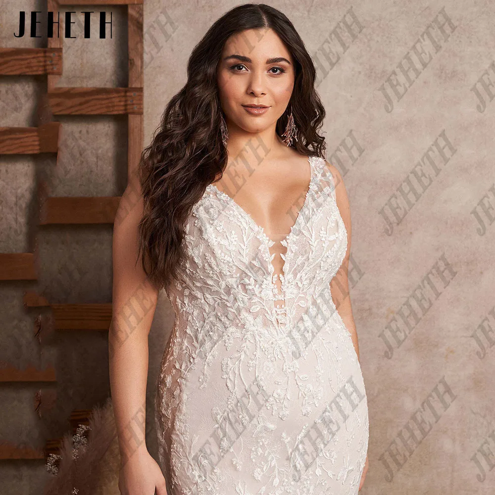 JEHETH Civil Wedding Dress For Bride Mermaid Sleeveless V-Neck Backless Bridal Gowns Exquisite Plus Size Applique Robe De Mariee