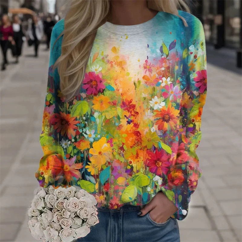 3D Oil Painting Printing Tshirts Long Sleeve For Women Fashion Streetwear Pullovers Girls Beautiful Flowers Clothing Floral Tops