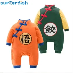 Baby Boy Girls Cotton Winter Long Sleeve Outfit 2 Types Chinese Style Character Romper Jumpsuit Infant Warm Clothes New 2021