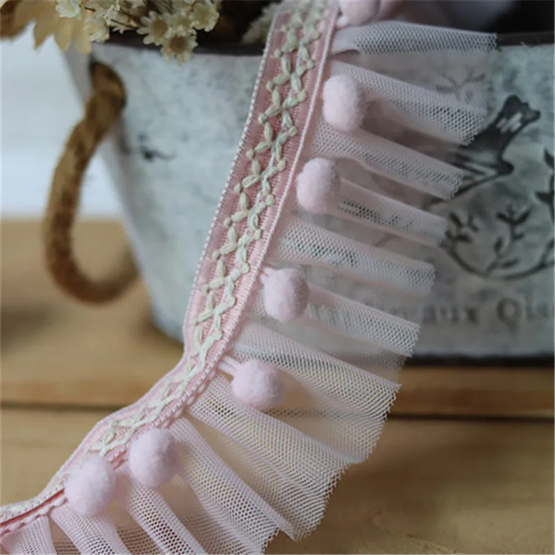 5CM Wide Double Layers Mesh Pleated Fabric 3d Lace Trim Princess Pink Pompom Fringe Ribbon Wedding Dress Sewing Guipure Decor