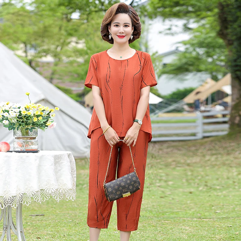 Middle-aged Women Clothing Summer 2 Piece Sets Womens New Short Sleeve T-shirt and Harem Pants Loose Woman Suit