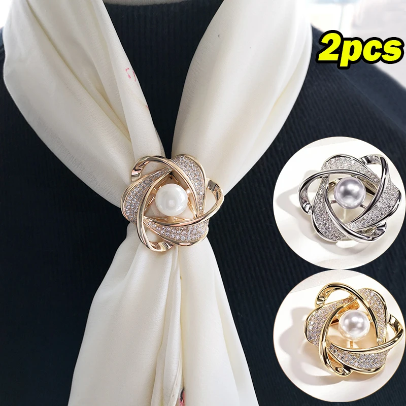 2pcs Trendy Vintage Rhinestone Flower Scarf Buckle Pearl Crystal Scarf Ring Women Hollow Scarve Buckle Brooch Jewelry Accesories