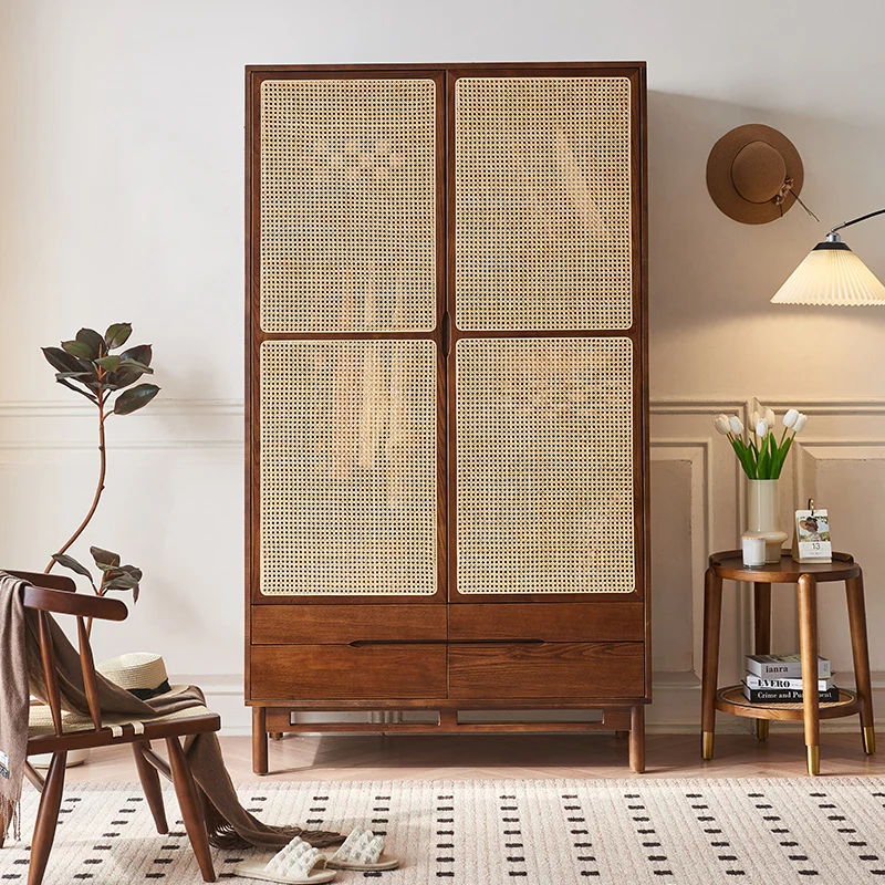 Two Door Wardrobe Home Bedroom Rattan Wardrobe Vintage Solid Wood Casement Walnut Color