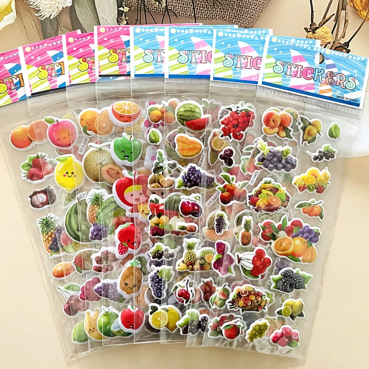 6pcs 3D Fluffy Fruit & Vegetable Stickers - Self-Adhesive Cherry Grape Watermelon Pineapple Hami Melon Decals ZSY