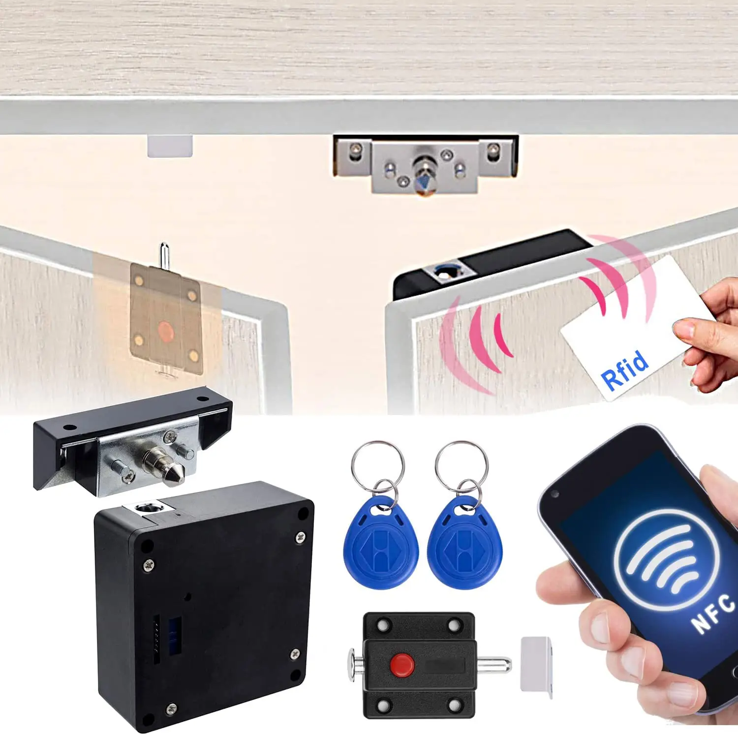 Electronic Cabinet Lock, Smart NFC RFID Locks, Hidden DIY Cabinet Lock with Slide Latch Lock for Double Door Cabinet Drawer Wood