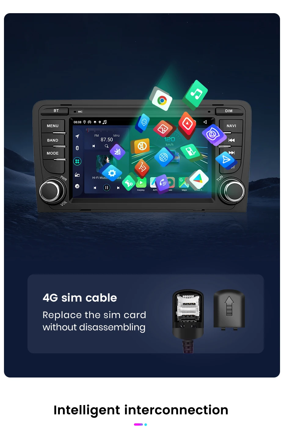 Junsun 7" Kabelloses CarPlay für Apple Android Auto Autoradio für Audi A3 8P S3 RS3 2003-2012 GPS-Navigation SWC Bluetooth FM RDS DSP IPS Touchscreen Intelligente Fahrzeugsysteme KI-Sprachsteuerung 4G WiFi 8-Kern Plug&Play Haupteinheit – Detail 27