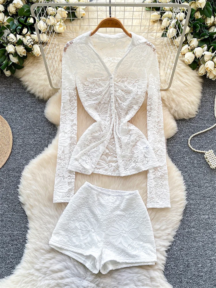 SINGREINY Embroidery Floral Lace Suits V Neck Shirring Flirty Tops+Bodycon Shorts Spring Feminine Chic Sheer Sexy 2 Pieces Sets - Image 2