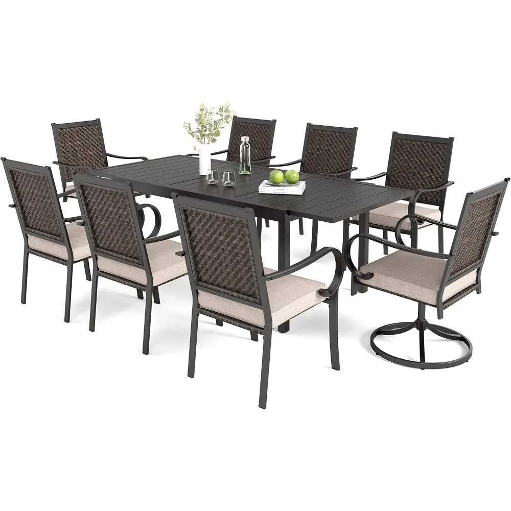 

Outdoor Patio Dining Set, 8 Rattan Chairs with Cushions and 1 Metal Expandable Table ,9 PcsPatio Dining Table Chairs Set