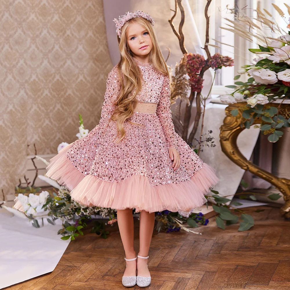 

Luxury Sequin Pageant Dresses for Child Jewel Puffy Ball Gown Long Sleeve Flower Girl Dress Knee Length Kids Birthday Party Gown