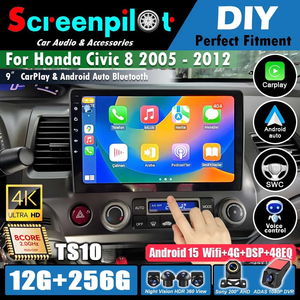 Android 16For Honda Civic 8 2005 - 2012  Car Radio Multimedia Video Player GPS Navigation stereo Head Unit Screen Touch Screen