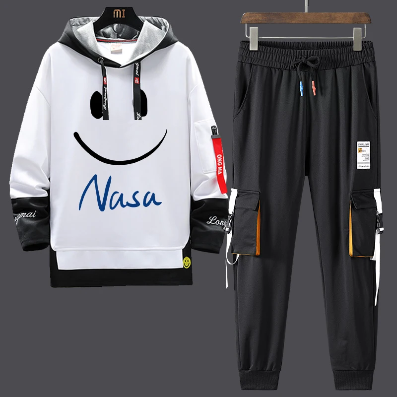 

Casual Hoodie Set for Boys Spring Autumn Two-Piece Trendy Brand Student Teenager Long Sve Pants Long Pants White Blue Words