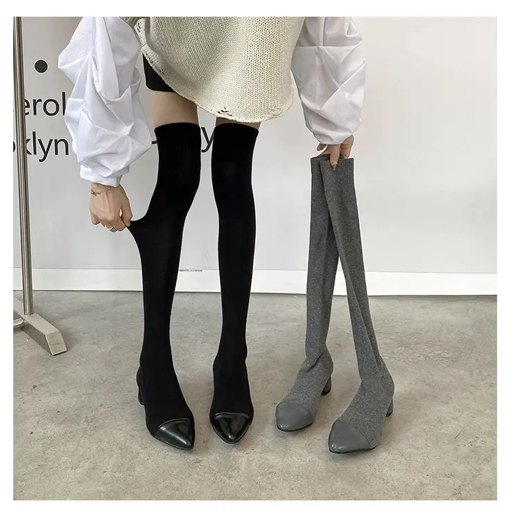 Spring New Knitted Long Tube Boots Women's Elastic Thick Heel Sock Boots Trendy Autumn Winter Pointed Toe Women's Boots