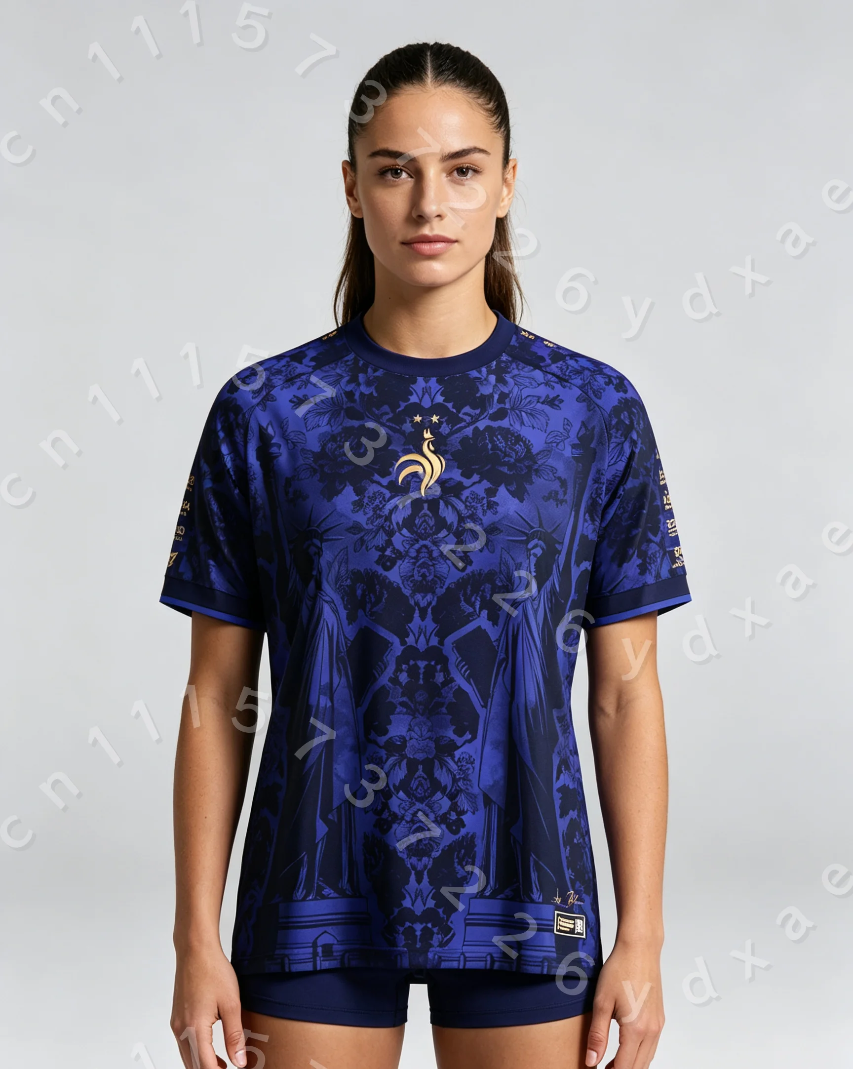 Parent Kid France National Element Soccer Jersey Blue Symmetry Statue Golden Rooster Badge  Quick Dry Sports Fan T-shirt