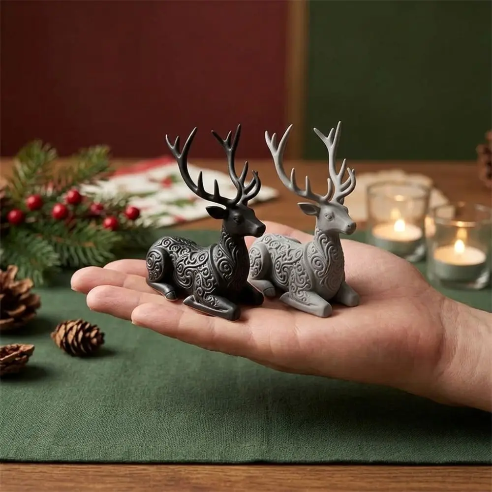 3D Printed Christmas Sitting Deer Statue Vintage Swirl Lying-Posture Small Deer Desktop Ornament Simple Realistic