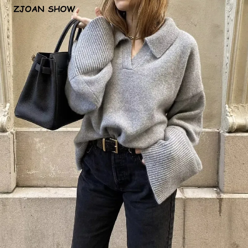 

2023 CHIC Gray Knitted Lapel Collar Pullover Sweater Women Big Flare Full Sleeve Loose Vintage Jumper Knitwear