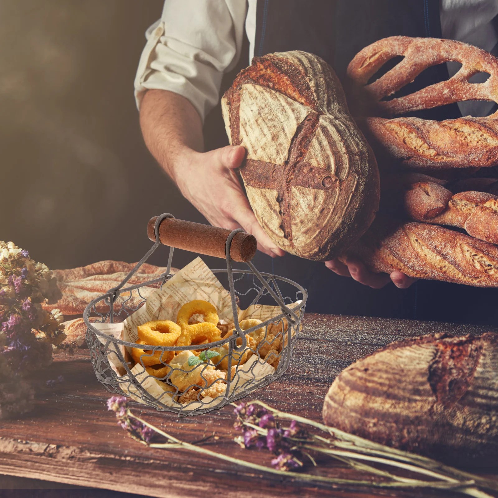 منظم تخزين المطبخ متعدد الوظائف على الطراز الريفي، سلة بيض ذات سعة كبيرة، مقبض خشبي، سلك معدني، استنزاف مزخرف