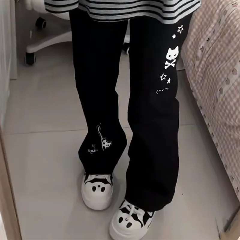 Y2k subcultura calças femininas japonês harajuku impressão dos desenhos animados preto perna larga perder casual cintura alta doce streetwear calças