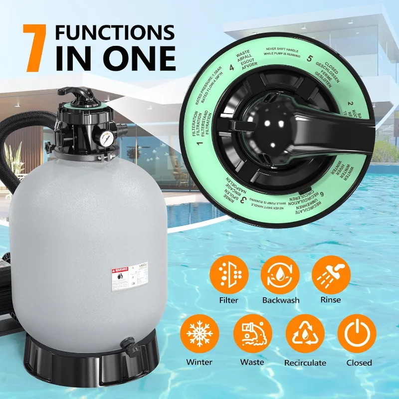 VINGLI Sand Pool Filter 19in Tank with A 1HP Pump 115V Above Ground Inground Swimming Pool Pump with Filter Basket,3962GPH