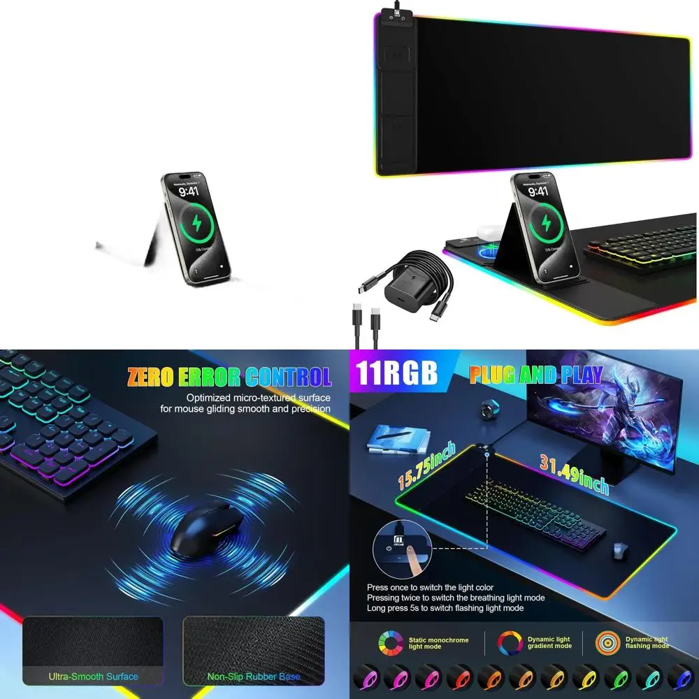 

Mouse Pad with Phone Holder, Wireless Charging Desk Mat, RGB Gaming Mousepad Home Office Large Desk Pad with Ultra-Smooth Surfac