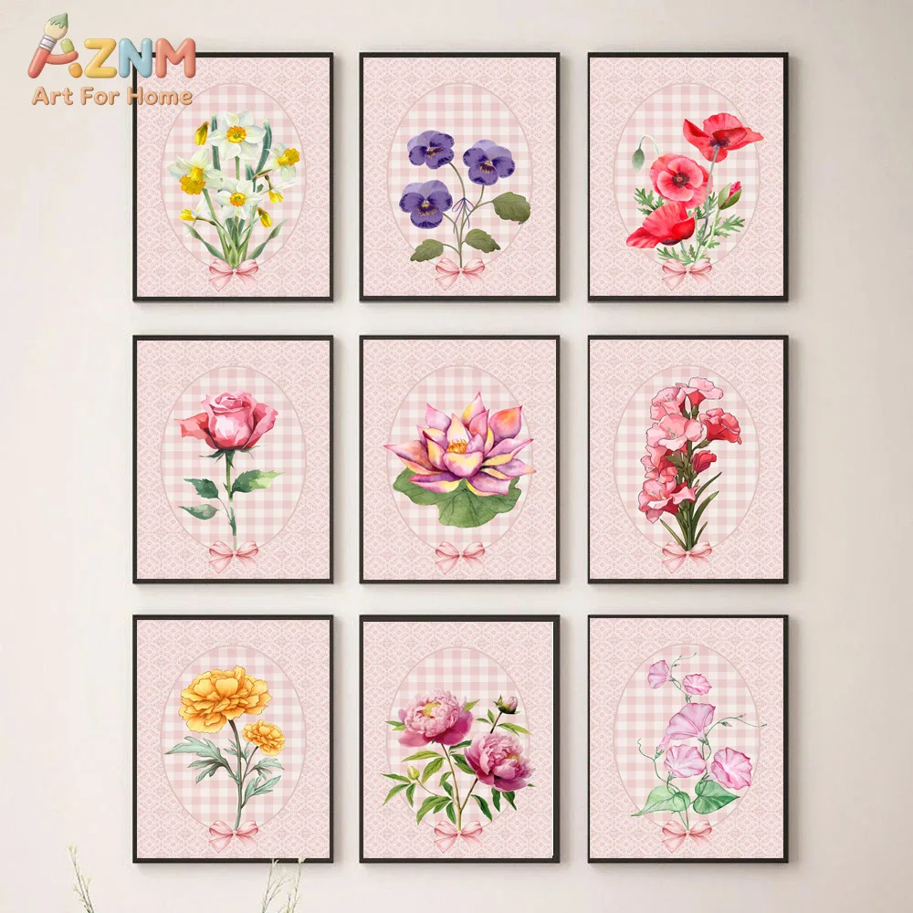 AZNM Pink Gingham Floral Canvas Wall Art, Watercolor Rose Peony Print, Coquette Bow Flower Poster for Girls Room Decor