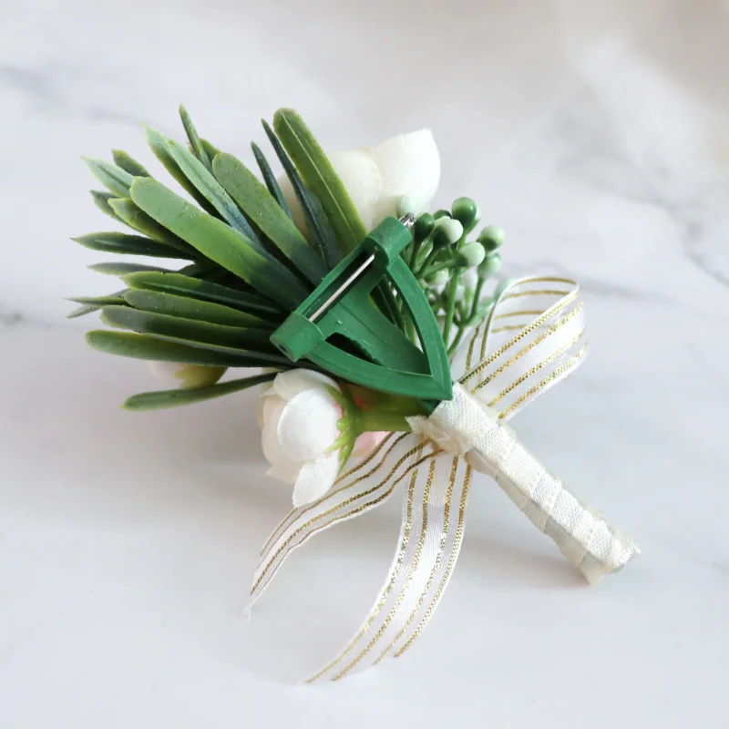 Boutonnieres Flowers Artificial Roses Silk Ivory Corsage Buttonhole Groomsmen Boutonniere for Men Wedding Accessories