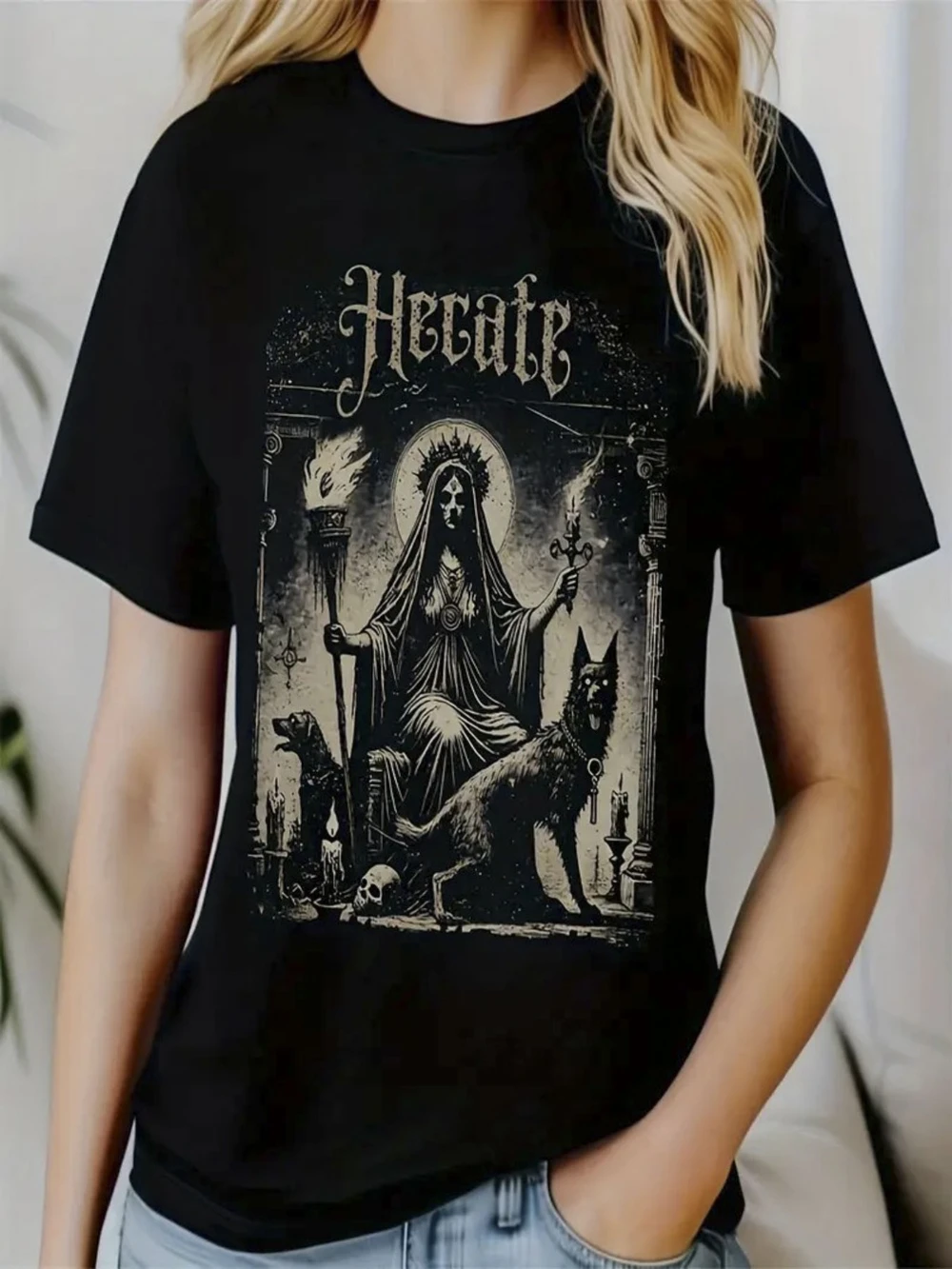 Women'S Gothic Hecate T-Shirt Black Golden Greek Key Owl Print Loose Fit Casual Tee for Pagan Events Everyday Gothic Fashion