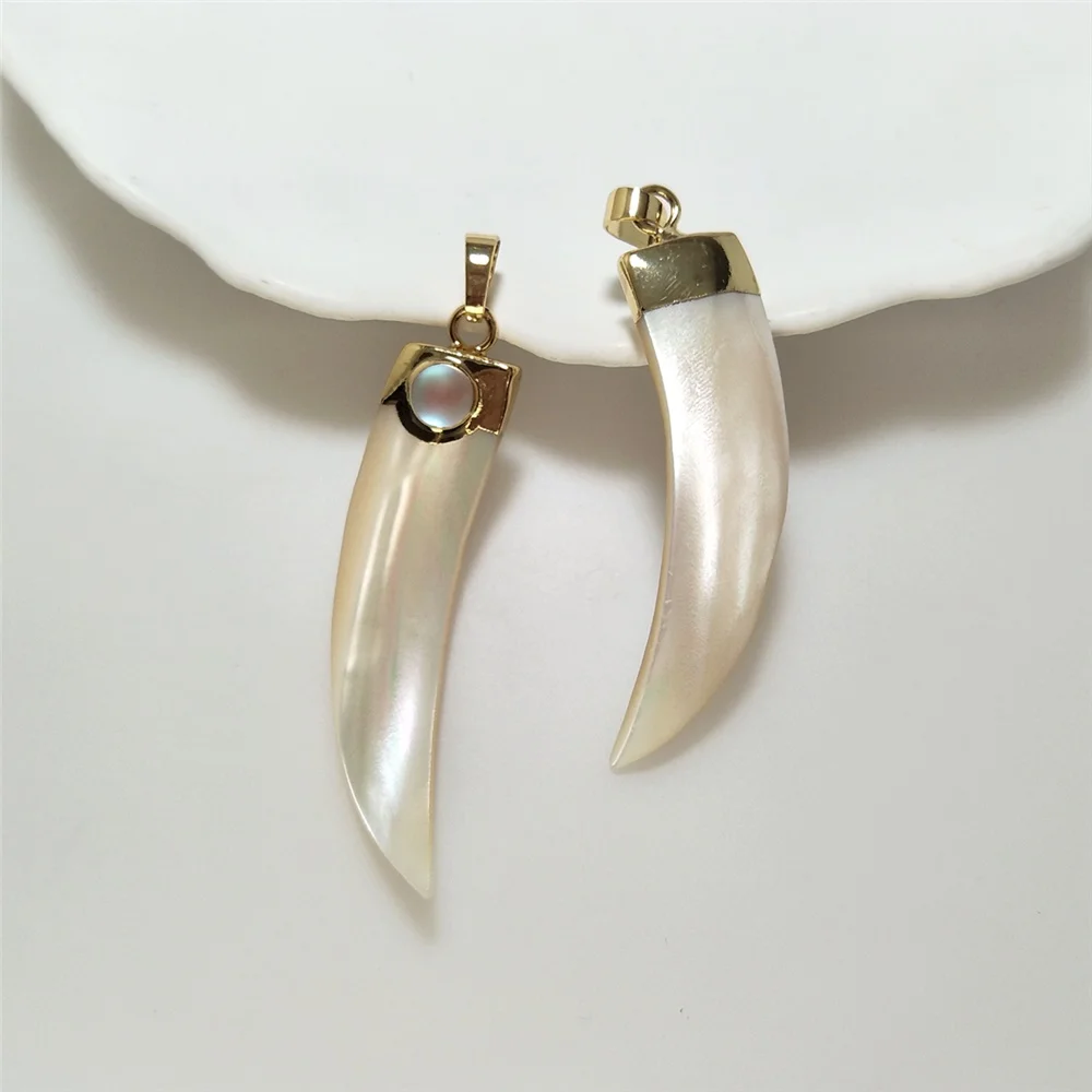 1 Pc Natural Irregular Shape Shell Inlaid Artificial Opal Pendant, Long Horn Women\'s Necklace To Make Accessory PD093