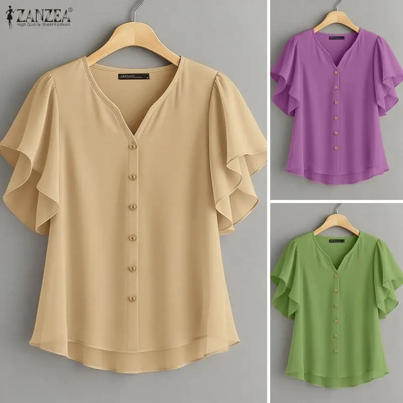 

Летняя блузка ZANZEA 2026: Элегантная женская блузка с V-образным вырезом, короткими рукавами с оборками, стильная однотонная рубашка для отпуска, повседневная офисная блузка для женщин