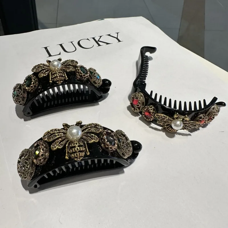 Wysokiej klasy kryształowa pszczoła bananowa spinka do włosów dla kobiet elegancki temperament Rhinestone kucyk spinki do włosów koreańskie akcesoria do włosów