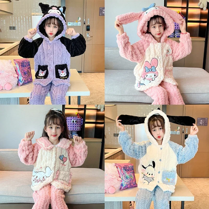 Sanrio Winter Sleepwear Anime Figure Kuromi Melody Pochacco Pajamas Set Children's Fleece Thick Warm Flannel for Girls Home Suit