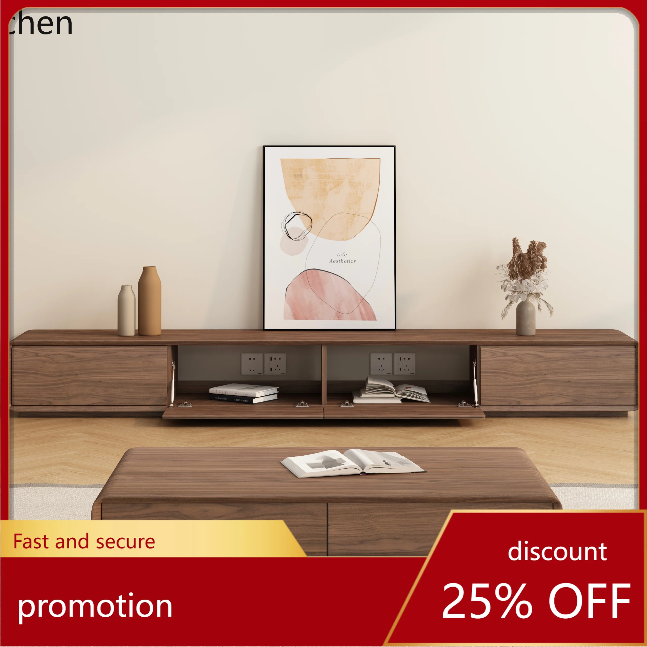 

ZML TV cabinet coffee table combination modern living room home floor solid wood flap hanging wall hanging