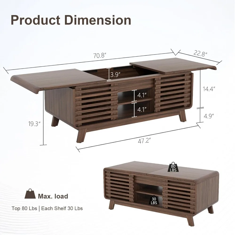 Coffee Table with Storage, Fluted Small Center Table with Sliding Tabletop and Hidden Storage, Cabinets, Adjustable Shelves