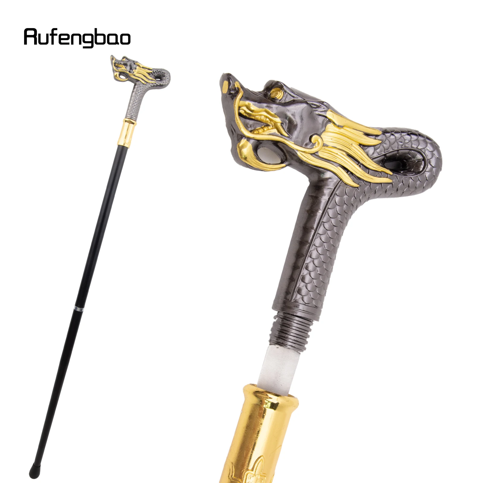 Golden Black Dragon Head Walking Stick, Prato Escondido, Prato de Cana, Cosplay Crosier, Moda Autodefesa, 90cm