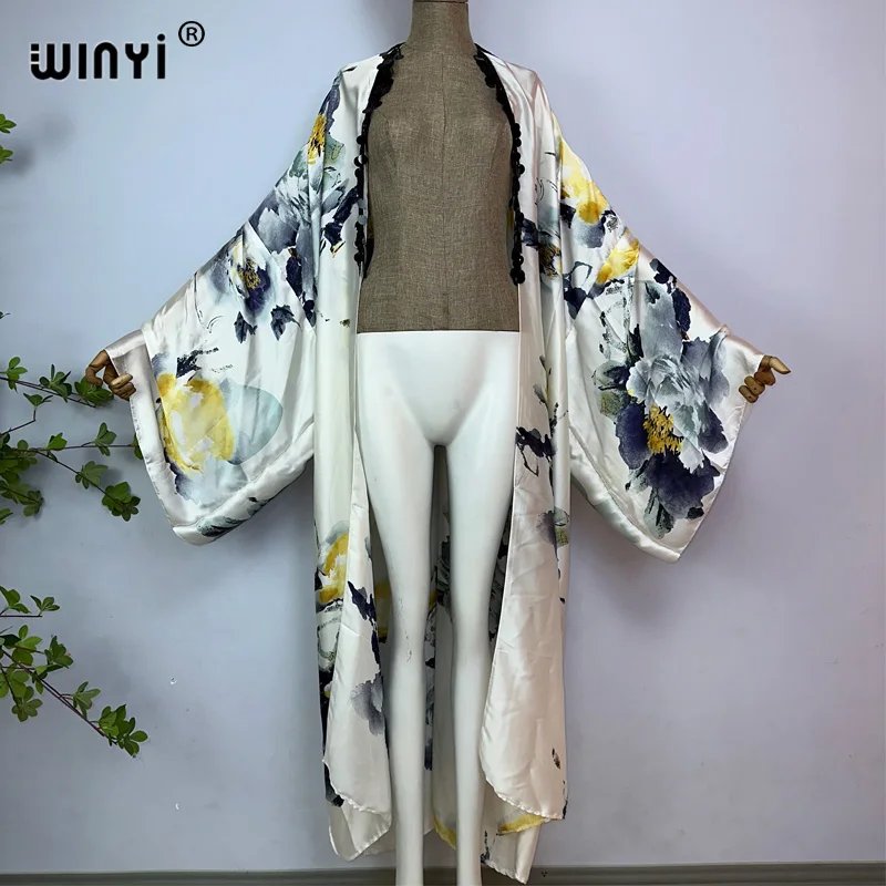 WINYI 2023 Summer Fringed Sequins Women Coat Loose Long Dress Elegant Party Boho Maxi Beach Holiday Swimming Cover Up Kimonos