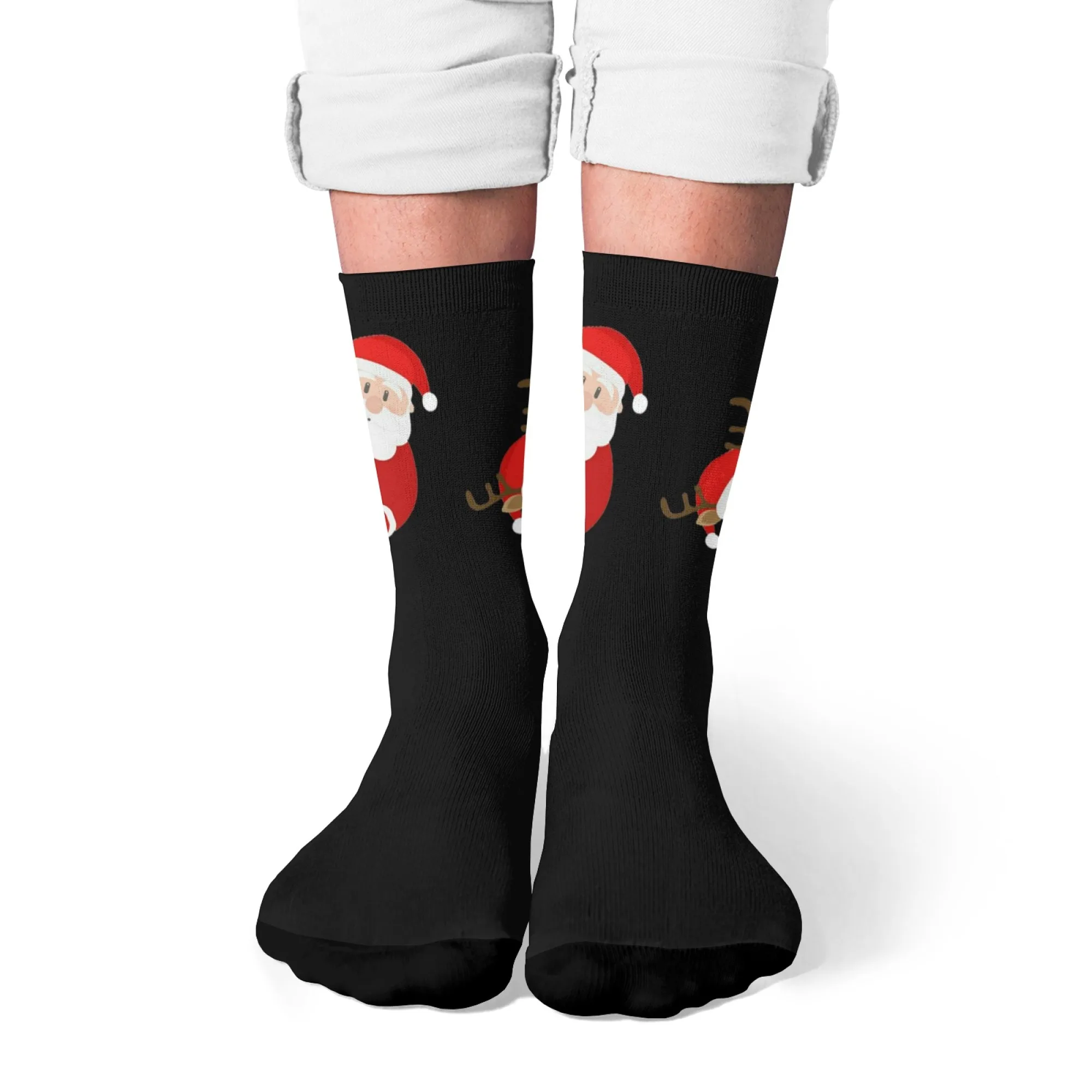 귀여운 만화 축제 스타일 남성용 크루 양말 빈티지 산타 & 순록 프린트 캐주얼 스트리트웨어 룩을 위한 편안한 양말
