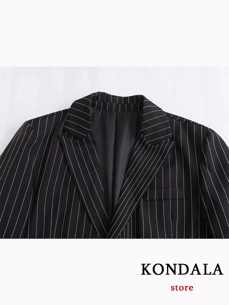 KONDALA Casual Office Lady Blazer Women Striped V Neck Pockets Long Sleeve Single Breasted Long Jacket Fashion 2023 Autumn Coats