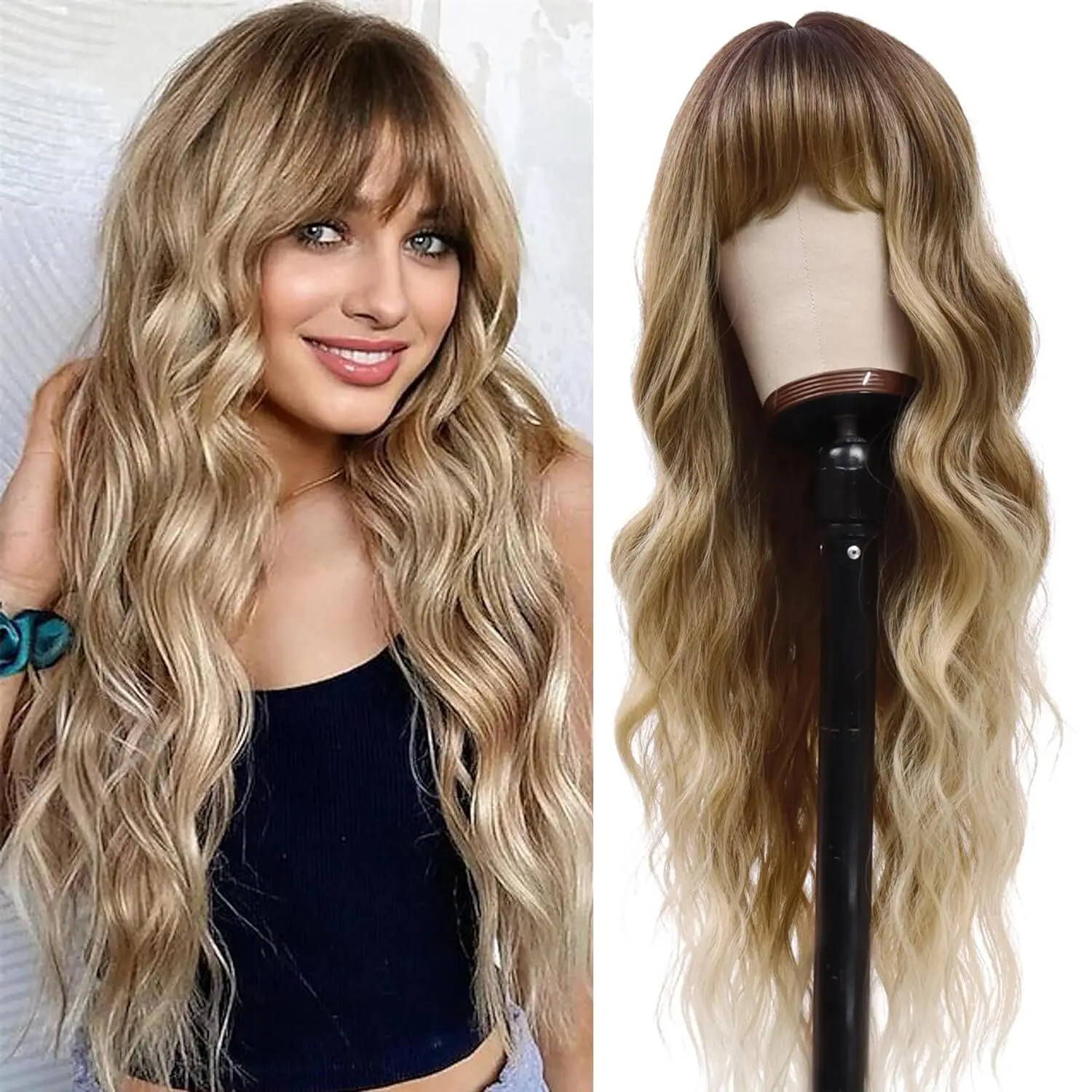 

Blonde Wig with Bangs Long Curly Wigs for Women 26 Inch Dirty Blonde Curly Wavy