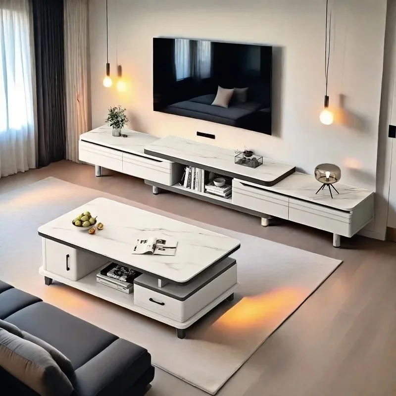 

Simple retractable TV cabinet living room home modern simple small apartment floor rock slab coffee table TV cabinet