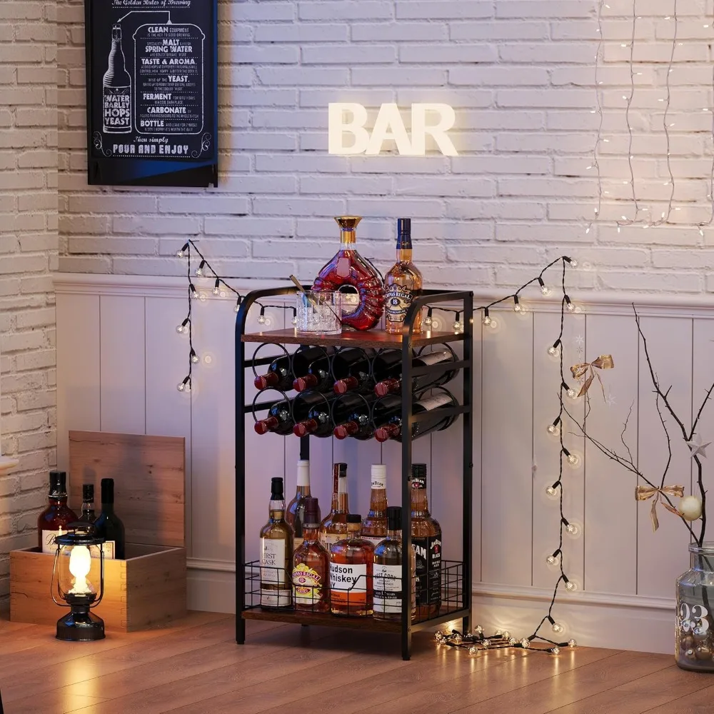3-Tier Wine Bar Table with 8-Bottle Rack, Mini Cabinet for Whiskey Display and Home Storage