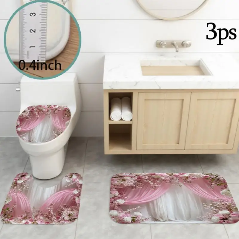 1Pc/4Pcs 3D Printed Shower Curtain, Four-Piece Shower Curtain Set, Bathroom Floor Mat, Toilet Seat Cover, U-Shaped Floor Mat, Valentine's Day Series Pink Rose Pattern, Waterproof Fabric, Includes 12 Plastic Hooks, No Drilling Required, Easy to Install, Perfect Home Decoration, Suitable for the Bathroom, Made of Stylish and Durable Polyester Fiber Material, Easy to Clean and Maintain, Ideal Gift Choice, Suitable for Giving to Wife and Family.