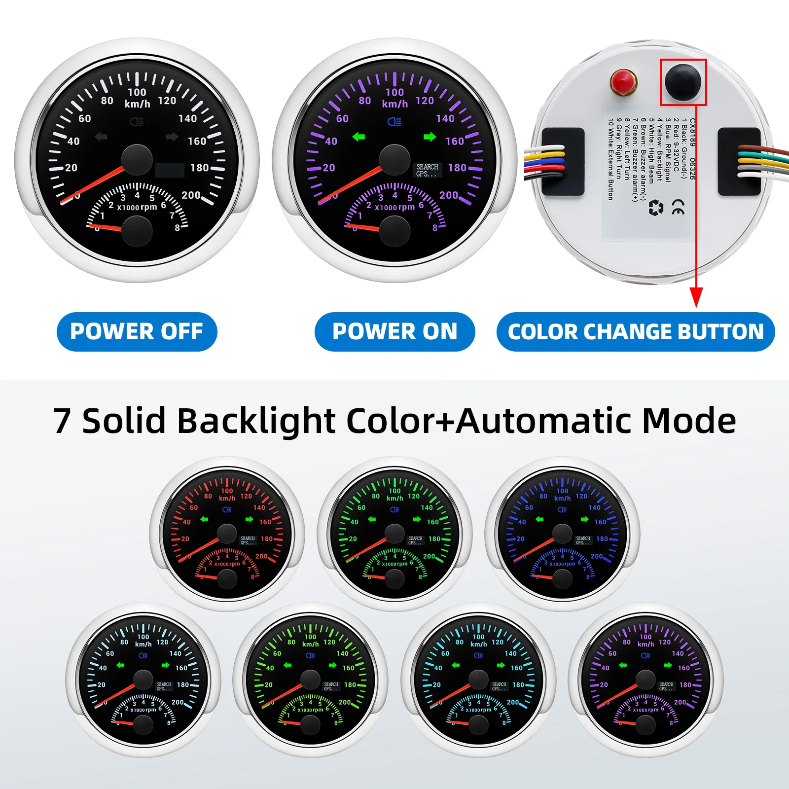 85mm 7 Colors Backlight GPS Speedometer 0-8000 RPM Waterproof  Tachometer With Turn Signal Light For Marine Boat Car 12V 24V