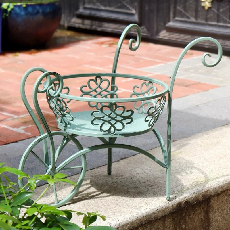 Iron Flower Planter Cart Garden Ornament Stand White and Green Flower Pot Holder Patio Decor Decorative Planter Cart