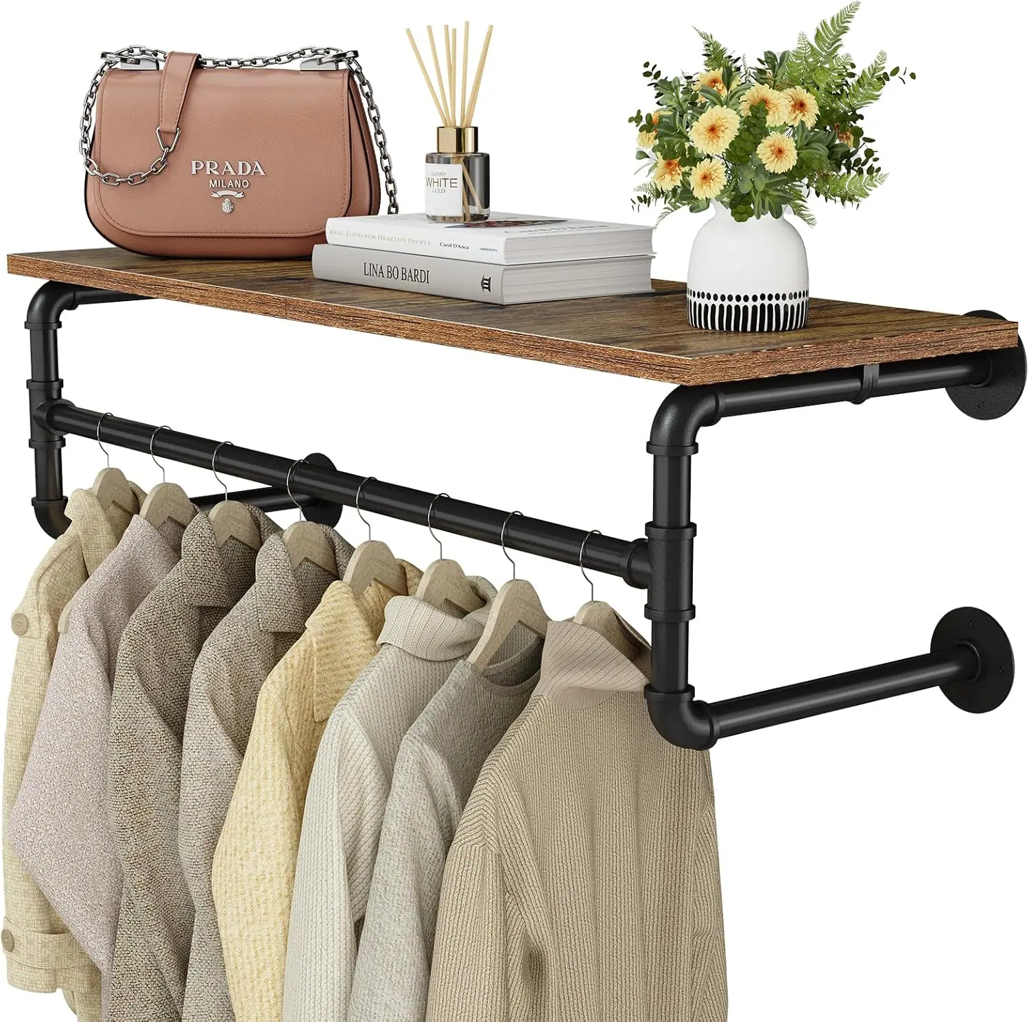 

Wall Mounted Clothes Rack with Top Shelf, 29.1in Industrial Pipe, Heavy Duty Detachable Hanging Rod for Closet Storage