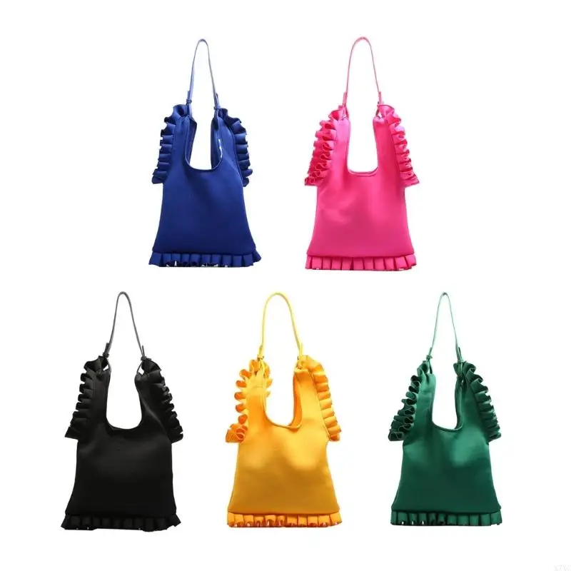 

X7XC Pleated Ruffle Trim Handbag for Women Fashion Solid Color Underarm Shoulder Bag