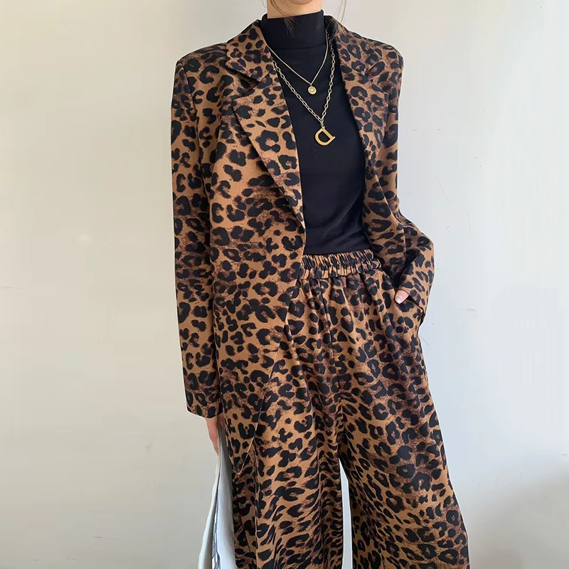 TWOTWINSTYLE Temperament Two Piece Set For Women Notched Collar Long Sleeve Blazer High Waist Wide Leg Pant Leopard Sets Female